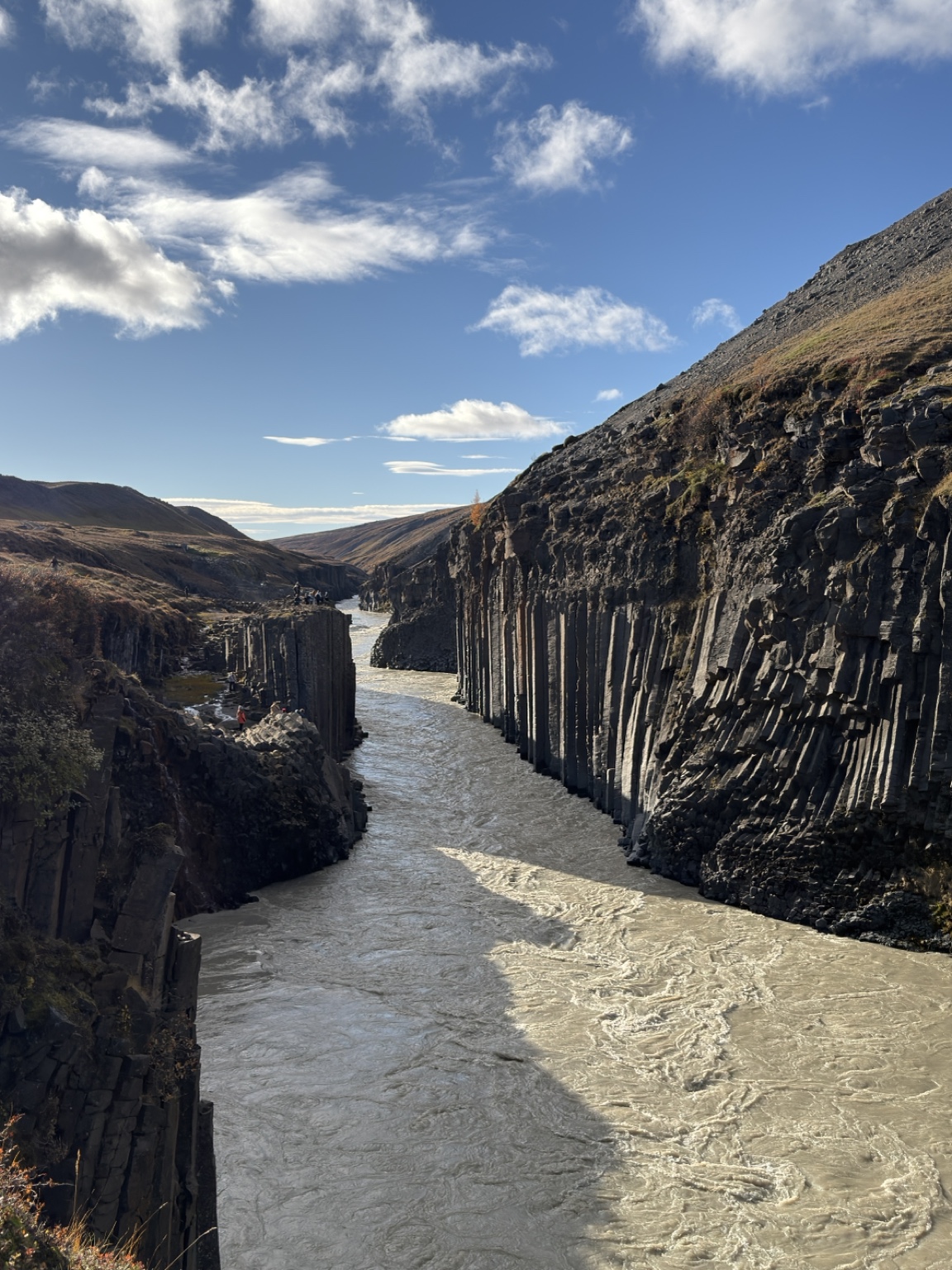 The columns at Stuðlagil, with the river as it looked during our visit.